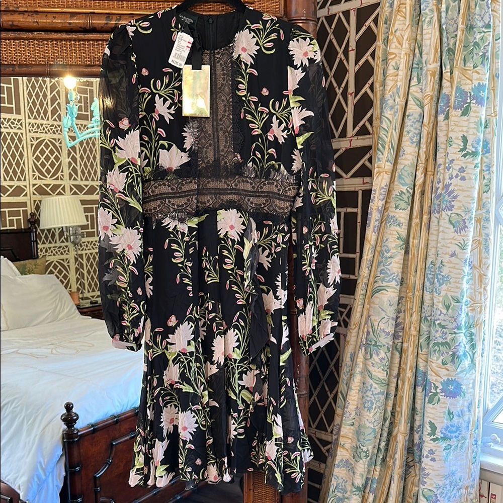 GIAMBATTISTA VALLI Black Lace-trimmed Floral-print Silk-chiffon Mini Dress sz 42